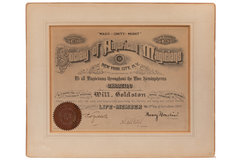 Society of American Magicians Life Membership Certificate, Signed by Houdini. 
