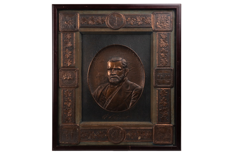 Pressed Copper Plaque with Central Portrait and 8 Marginal Civil War Vignettes.